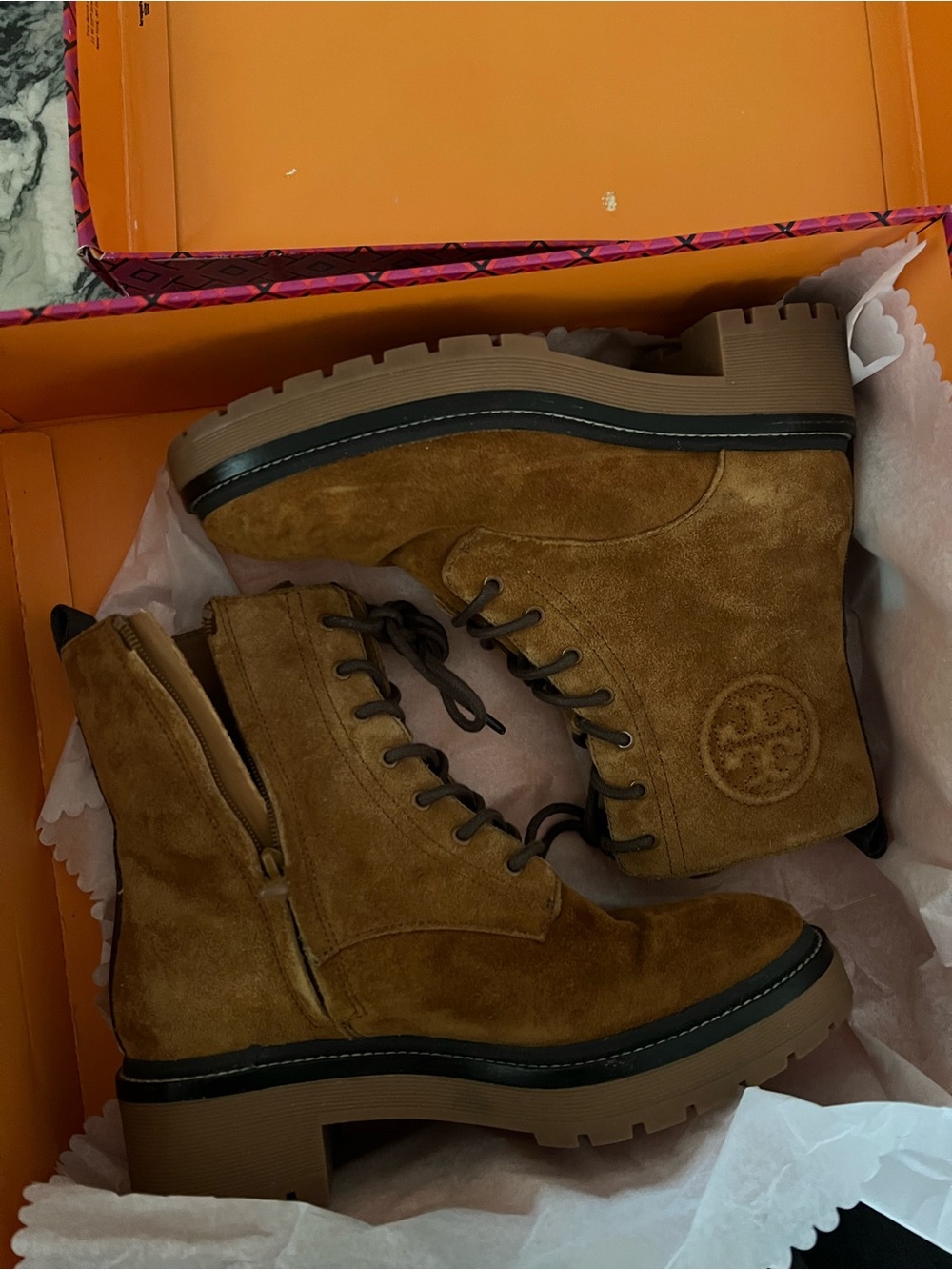 Tory Burch Brown lug sole Suede Lace-Up Ankle Boots.. size 7